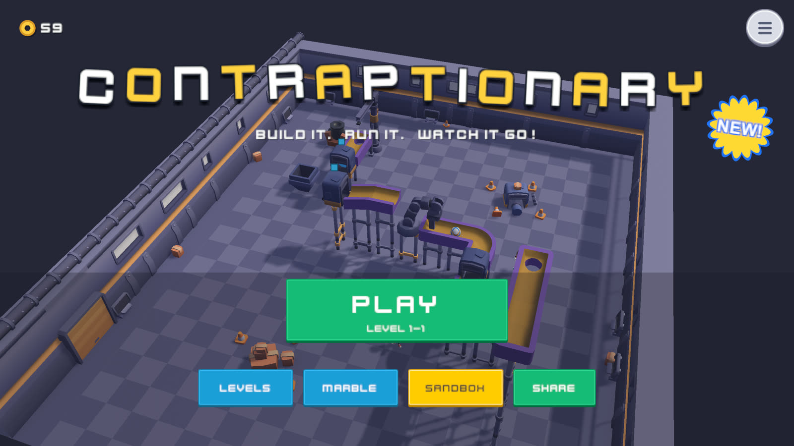 Contraptionary title screen: a marble machine built across a workshop floor, with Play, Levels, Marble, Sandbox and Share buttons