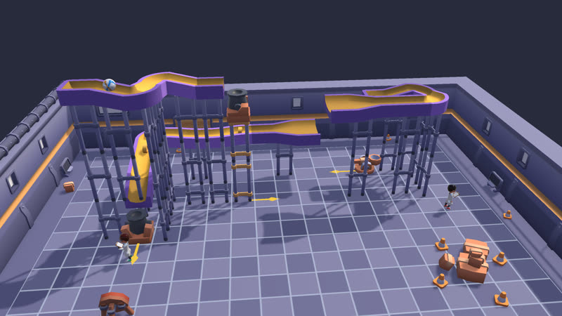 Tall scaffold towers carrying track high above the floor