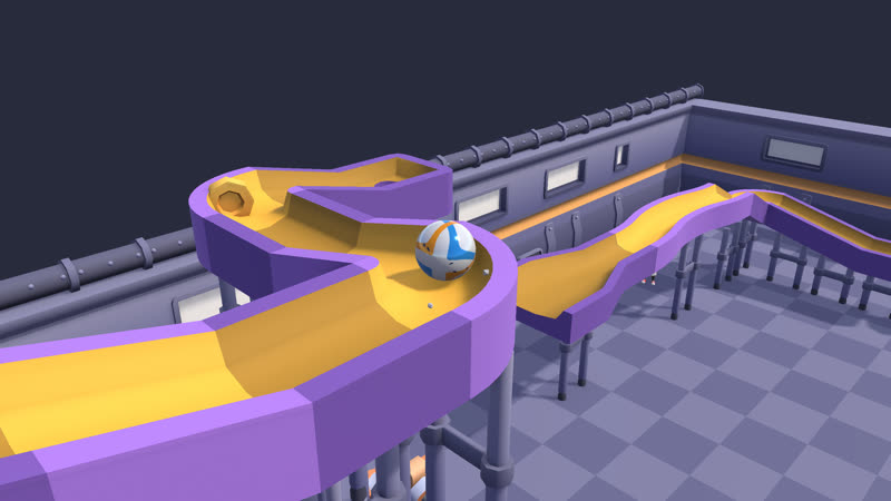 A marble rolling past a bolt on a curving track