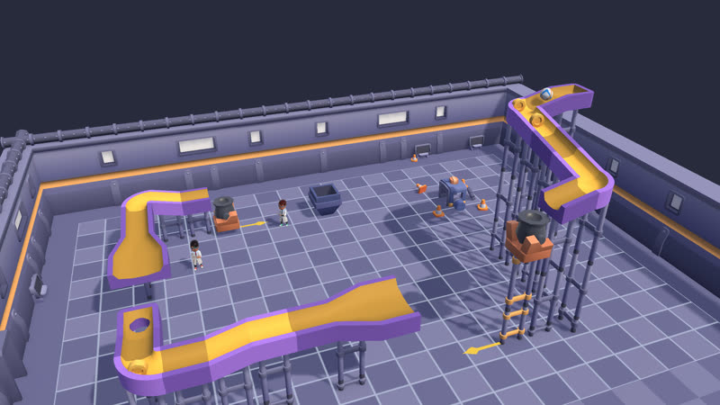 A workshop floor laid out with tracks, cannons and scientists