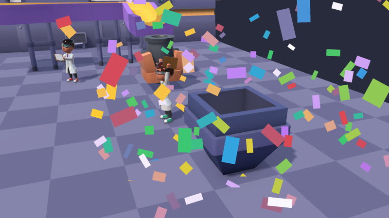 Confetti bursts over the hopper as a scientist cheers