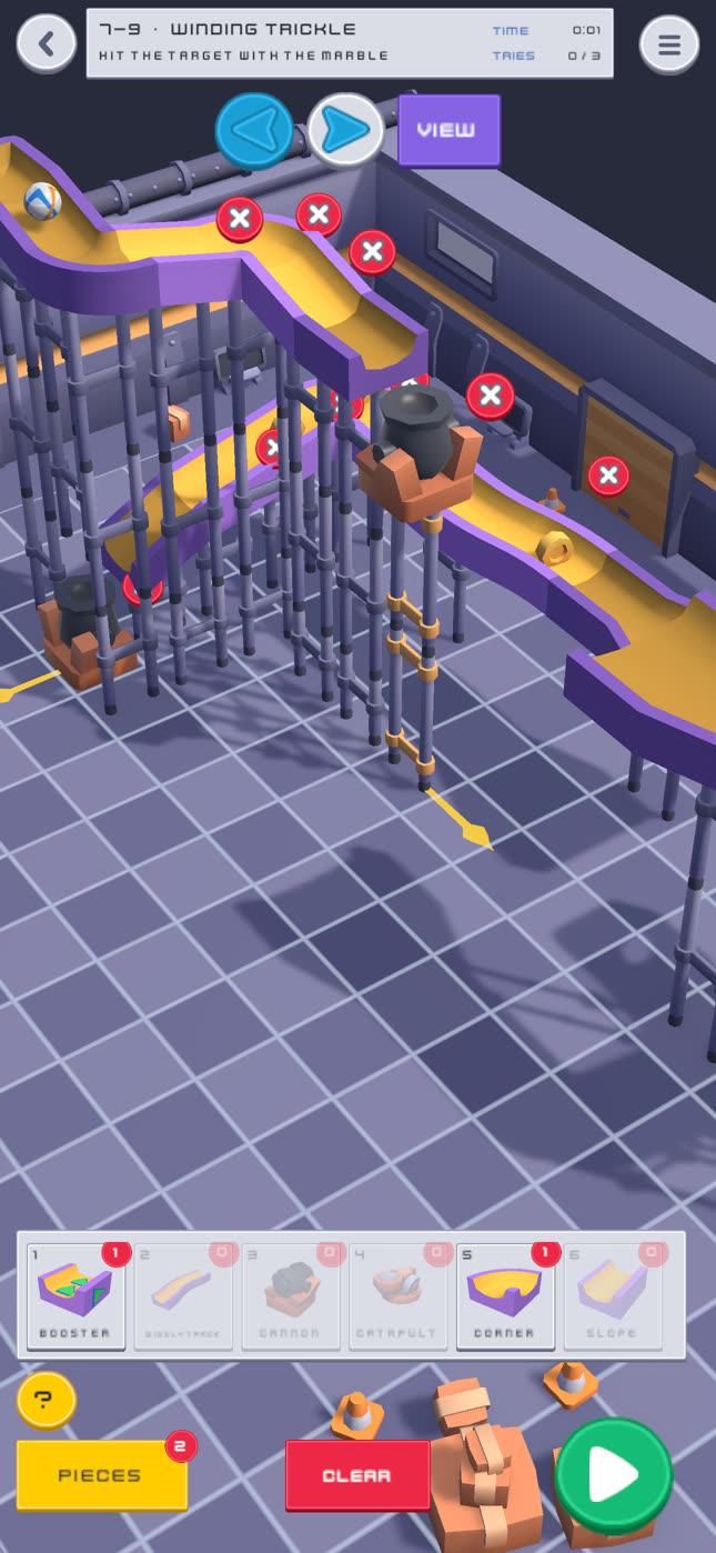 Contraptionary on a phone: level 7-9, Winding Trickle, with the parts tray at the bottom