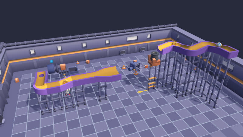 Level 3-8: tracks and a cannon tower spread across the Machine Shop floor